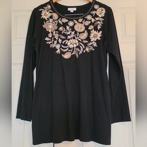 Elegant J. Jill Black Floral Embroidered Women's Top, Size L